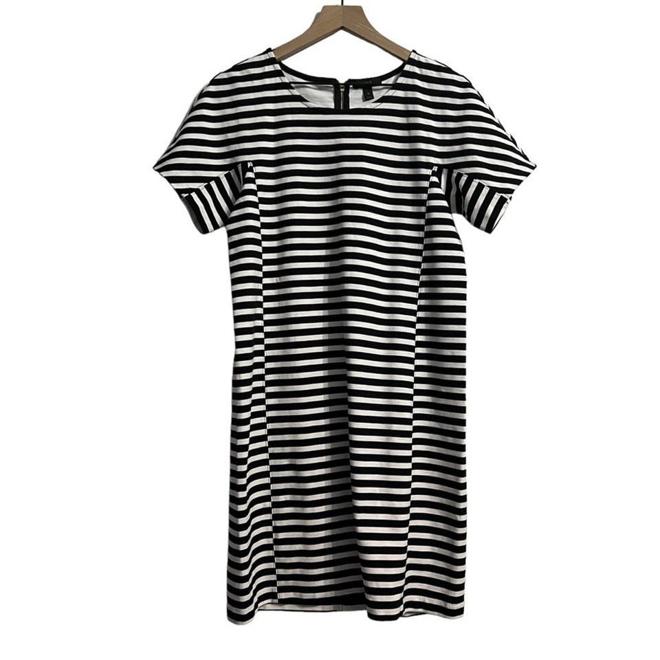 J. Crew Black White Striped Short Sleeve Zip Cotton Dress Size Medium