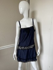 INTIMATELY FREE PEOPLE NEW Navy Blue/Black Silky Lace-Trimmed Nightie Slip M