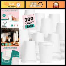 300 Pack 8 oz Disposable Paper Coffee Cups - Bulk White Hot  Cold Drink Cups