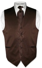 Men's Dress Vest  NeckTie CHOCOLATE BROWN Color Striped Design Neck Tie Set
