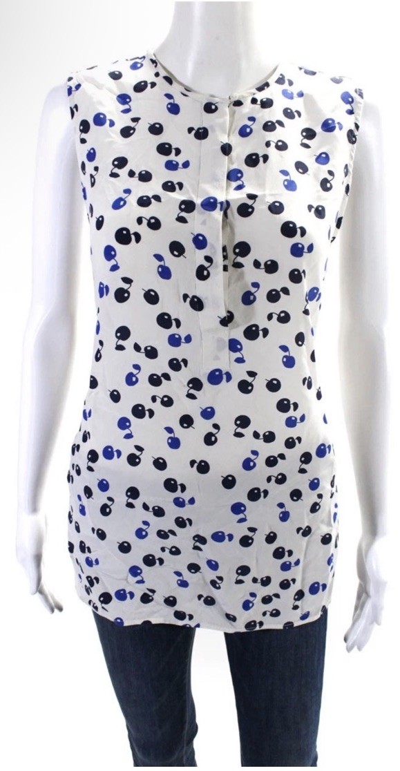 Femme 100% Silk Sleeveless Tunic Top White Blue Print S