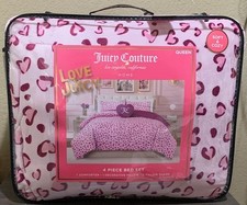 Juicy Couture Pink with Heart Shaped Leopard Print Plush 4pc QUEEN Comforter Set