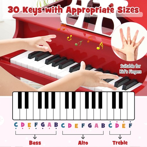 30-Key Classic Baby Grand Piano Toddler Toy Wood w/ Music Rack &Bench Red - Picture 5 of 8