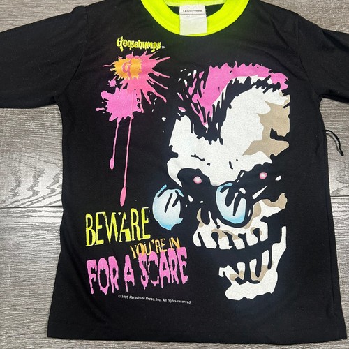 Vintage 1995 Goosebumps Kids Long Sleeve Shirt Skull Graphic Neon Wormser RARE - Picture 2 of 6