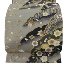 Japanese Silk Fukuro obi Bando Mitsugoro Gray Hanabuki Sakura Kaede Masterpiece