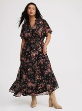 Torrid Chiffon Maxi Dress Ruffle Neckline Black Floral NWT New 1X