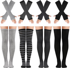 4 Sets Striped Thigh High Socks  Fingerless Gloves Long Knit Leg Arm Warmers
