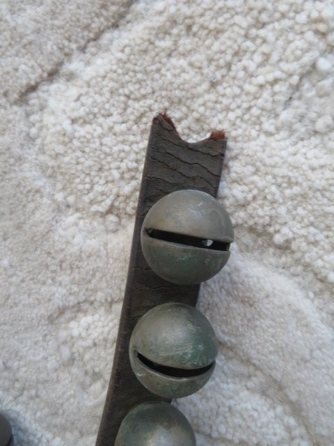 FABULOUS Old Antique Brass Horse SLEIGH BELLS on Leather Strap 49 Bells 2 Pieces