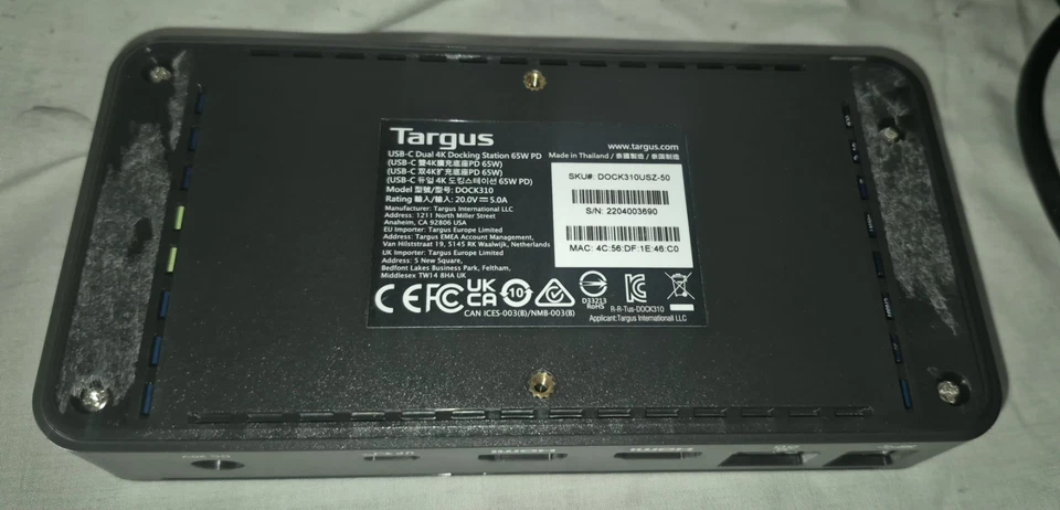 ESTACIÓN DE ACOPLAMIENTO TARGUS UNIVERSAL DOCK310USZ USB-C DUAL 4K 65W + Adaptador de CA Usado Foto 4 de 4