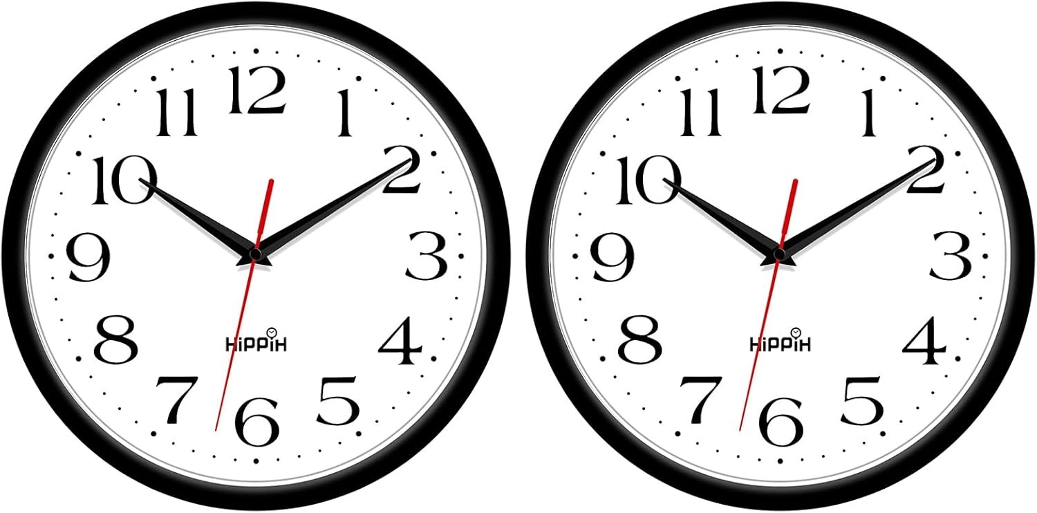 HIPPIH 2 Pack Silent Wall Clock, 10 Inch Non 10 INCH, With Red Second Hand 
