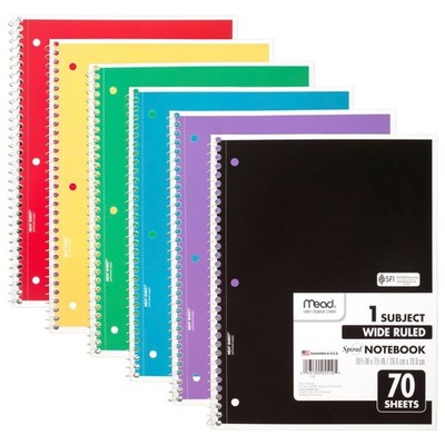 Spiral Notebook, 6 Pack, 1 Subject, Wide Ruled Paper, 7-1/2'' x 10-1/2'', 70 Sheet