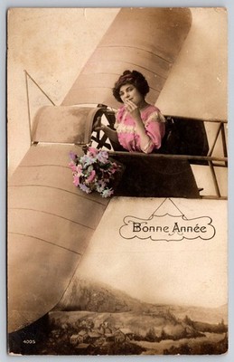 1911 Bonne Année Biplane Postcard Woman in Plane, Cherchell Algeria Posted A164