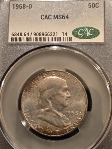 1958-D Franklin Half Dollar CAC GRADED MS64 Mint Set Coin Beautiful RAINBOW Tone