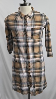 FULL CIRCLE TRENDS Tan PLAID Soft Knit BUTTON-UP 3/4 Sleeve SHIRT DRESS Sz Lg 