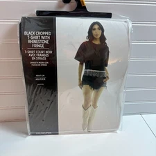 KBW Halloween Costume Cropped T Shirt Womens S/M Black Rhinestone Fringe Trim