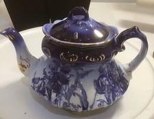 W.W.R. & Co Staffordshire England Cobalt Blue Gold Teapot Flow Blue Style