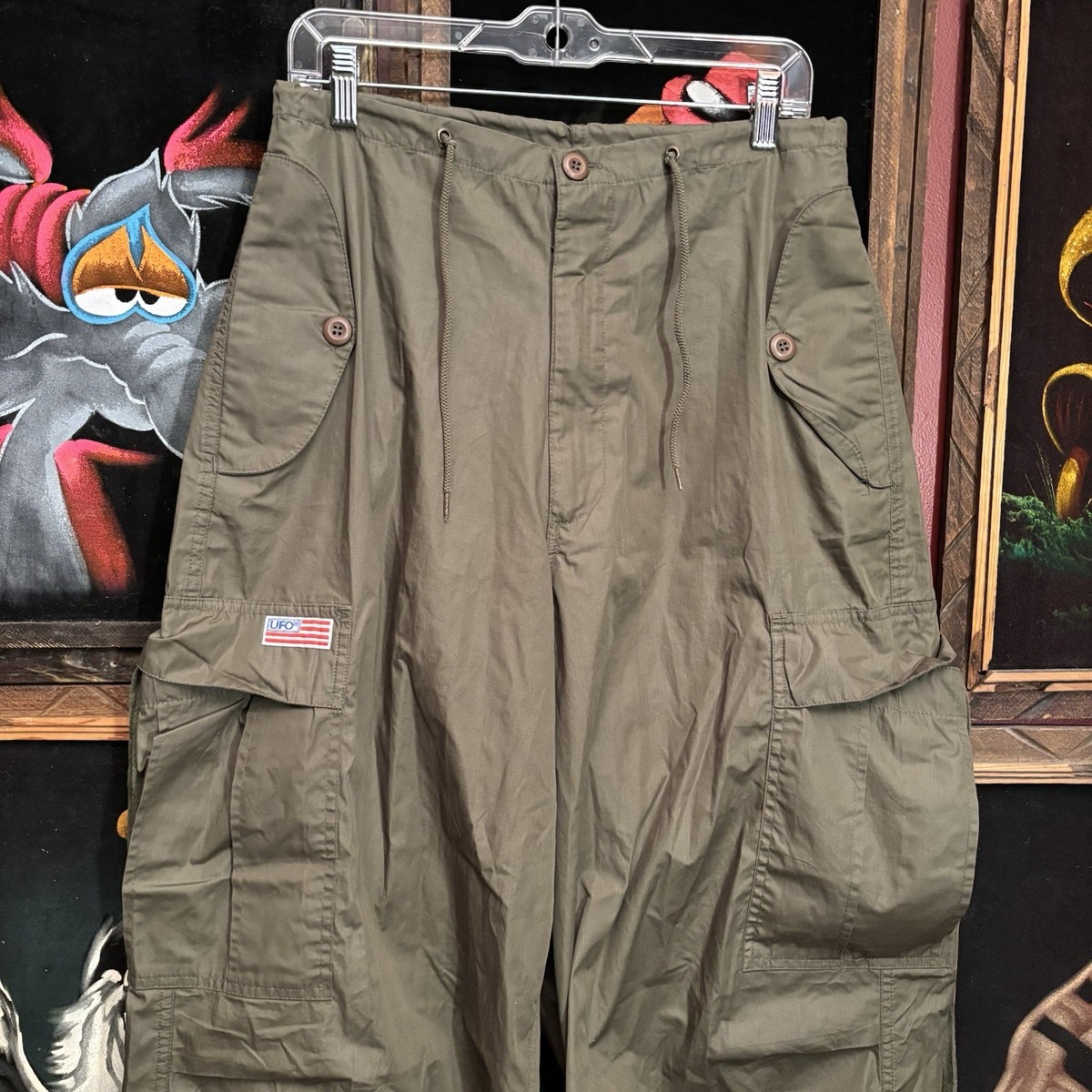 Vintage UFO Olive Green 90s Cargo Parachute Raver Pants Wide Baggy