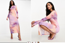 Miss Selfridge Purple Pink Tie Dye Ombre Long Sleeve Bodycon Maxi Dress 6US ASOS