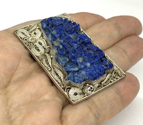 Vintage chinesisch filigran silber handgeschnitzt Lapislazuli X-Large Pin Brosche 2 Zoll 17g - Bild 5 von 12