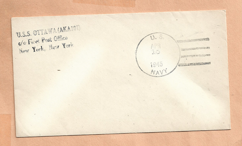 U.S.S. OTTAWA APR 16,1945 GPO NEW YORK NAVAL COVER