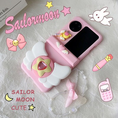 For OPPO/Honor/Vivo/Samsung Foldable Screen Pink Phone Case+Wings Badge+Chain