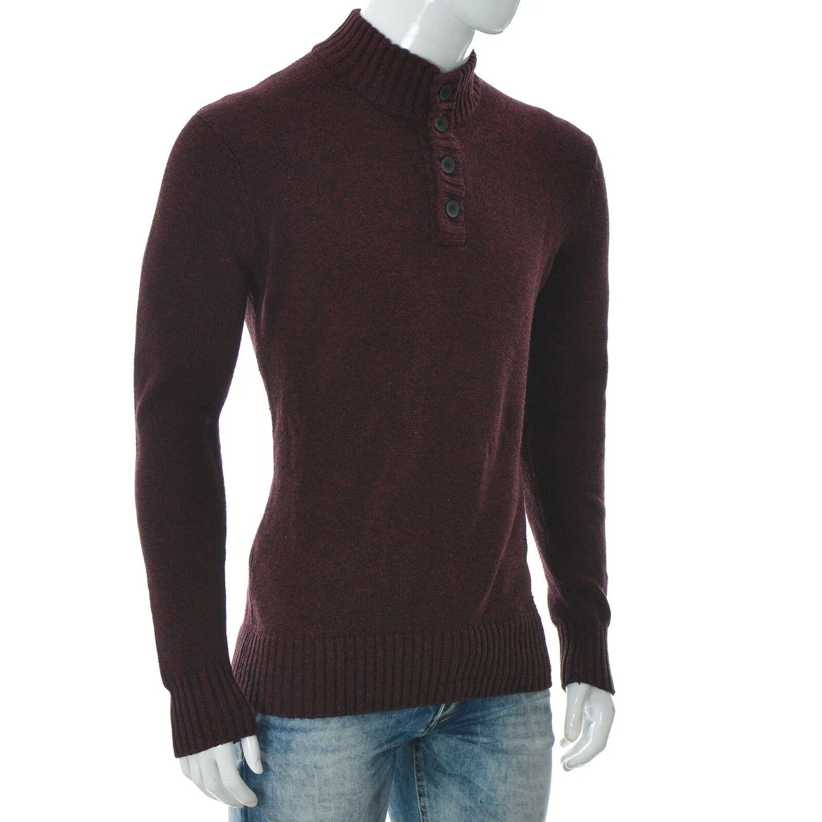 Identic Man Quarter Button Sweatshirt Mock Neck Ribbed Long Sleeve
