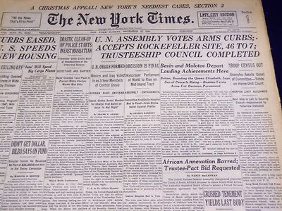 1946 DEC 15 NEW YORK TIMES - U. N. ACCEPTS ROCKEFELLER SITE 46 TO 7 - NT 2630