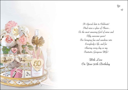 Wife 50th Birthday Card - Pink Champagne and Flowers with Glitter Foil 9x6.25" - Picture 2 of 2