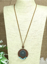 30-32" Sweater Leather Necklace With 3" Wood Pendant Tassel New Free Ship 8293