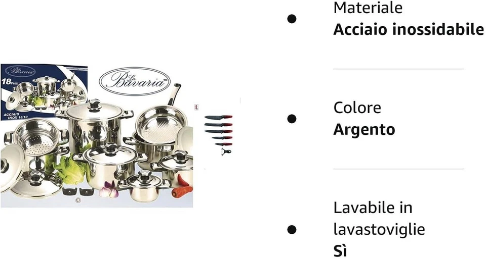 Batteria Pentole Bavaria 23 Pezzi Acciaio/Inox 18/10 con Set 5 Coltelli  Argento - Immagine 2 di 2