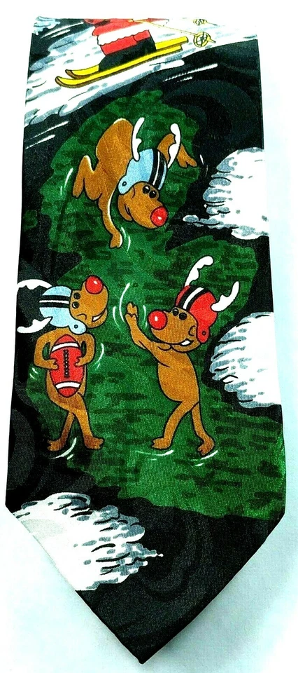 Santa Claus Skiing Reindeer Playing Football Christmas Tree Novelty Necktie - Image 4 of 4