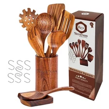 9 Pcs Teak Wooden Spoons for Cooking Kitchen Utensils Set Spatulas Rest &Holder