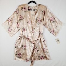 Vtg California Dynasty Satin Robe Womens Med Lace Trim Glossy Pads 80s NOS USA