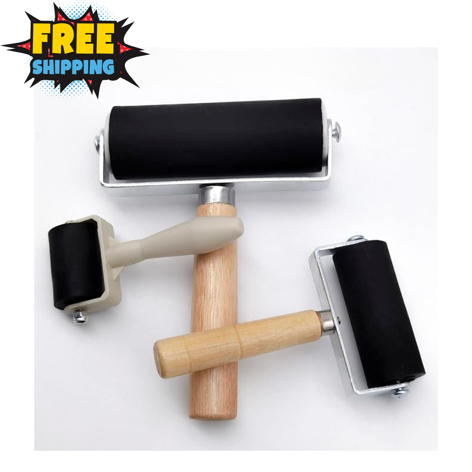 3 Pack Hard Rubber Brayer Rollers for Printmaking, Ink, Vinyl, Stamping, Crafts