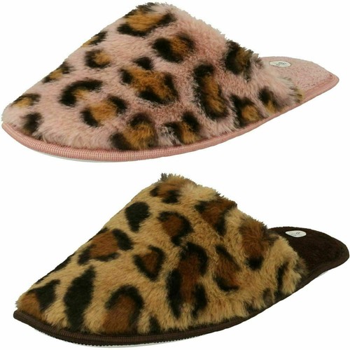 Ladies Slip On Faux Fur Animal Print Mule Slippers  X2114 - Afbeelding 1 van 14