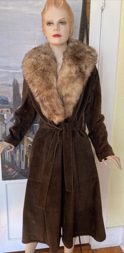 70s Penny Lane Groovy Suede Fur Jacket Furry Genuine Leather Long Belted Coat M