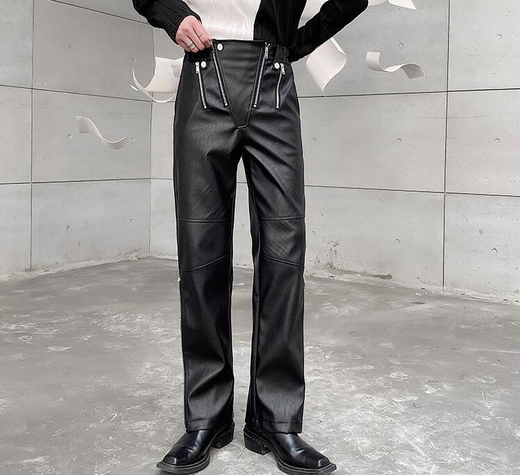 Men's Fashion Punk Gothic Zipper Black Faux Leather Trousers Youth