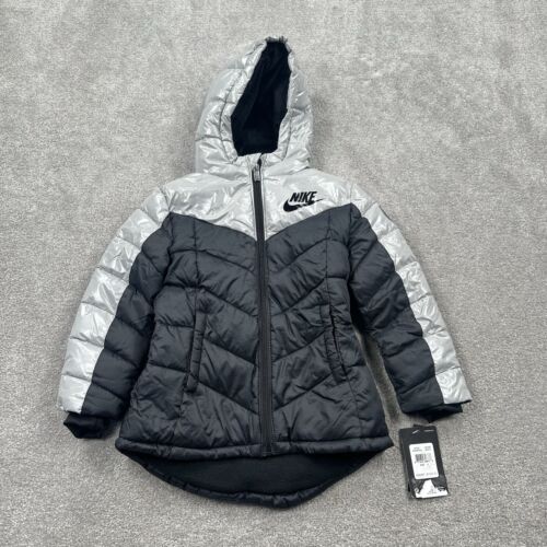 Nike Youth Girls Puffer Jacket Sze 4 Gray Black Hood Zip Up Insulated Reflective