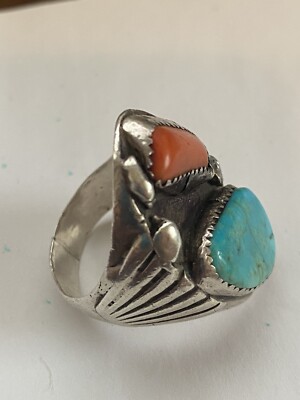 VTG Big Native American Sterling Turquoise Coral Men s Ring sz 11 1/4 Chunky 23g