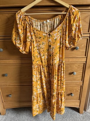 Floral Mustard Yellow Bohemian Peasant Tiered Babydoll Puff Sleeve Dress Size L
