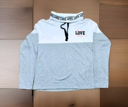 On Fire "Love" Long Sleeve High Neck Shirt Gray and White Women's Size XL NWT