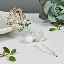 Silver rose brooch, Floral brooch, Formal dress brooch, white pearl brooch