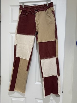 Boho Patchwork Raw Edge Straight Leg Jeans - Colorblock Burgundy Khaki Cream - L