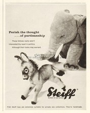 1960 Steiff Stuffed Donkey Elephant Button in Ear Toy Political Theme Photo Ad