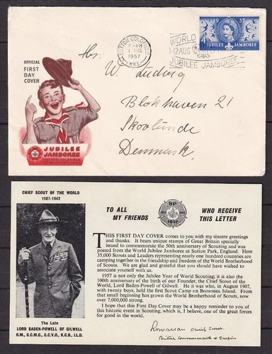 w3872/ England Scout FDC Cover w/Participant Contents f/Jambore t/Denmark 1957