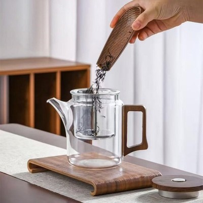 Water Separation Glass Teapot With Wooden Handle, Press
