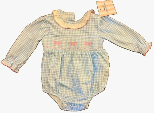 James & Lottie Blue/White Gingham Smocked Bow Romper 0-3M Cotton Collared Ruffle