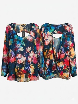 City Chic Multicolor Floral Chiffon Keyhole Back Drape Blouse Long Sleeve XS