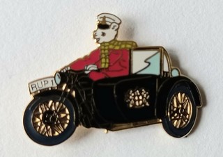Rupert the Bear Pin badge Riding Motorbike & Side Car with ROYAL CREST 28mm Long