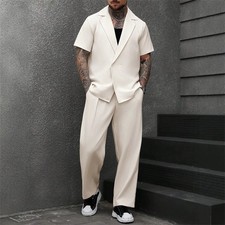 Men Solid Peak Lapel Shirt Pants 2 Piece Set Summer Polyester Casual Suit